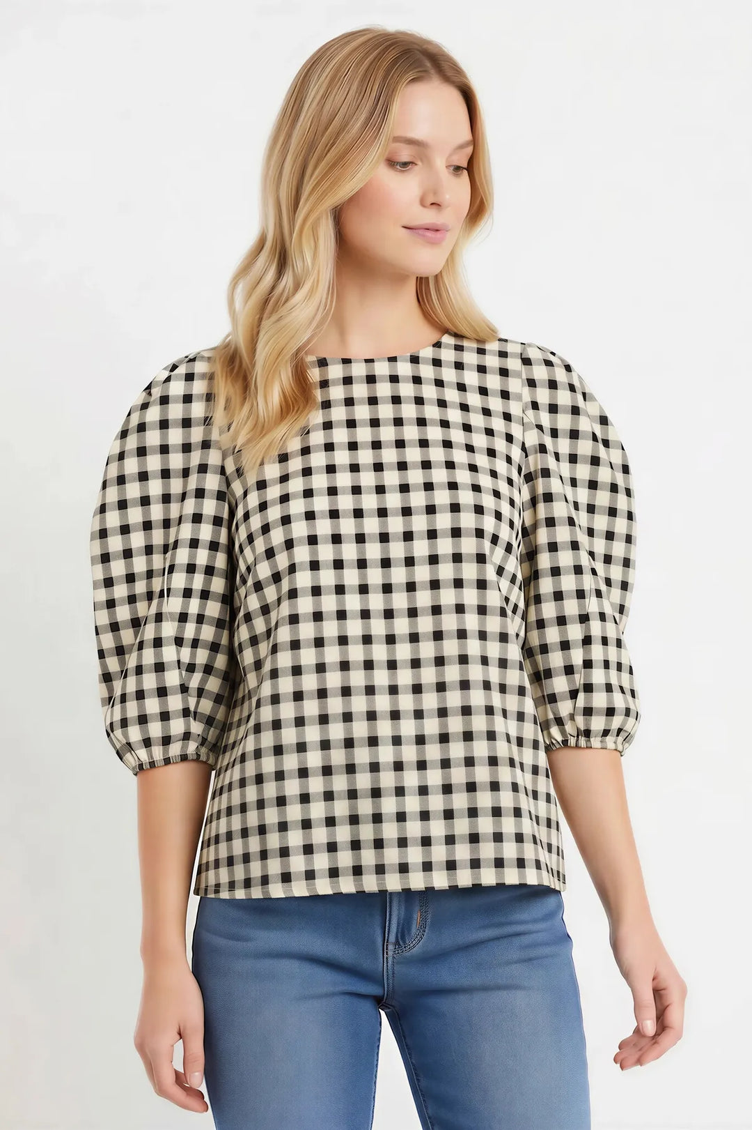 Check Puff Sleeve Blouse