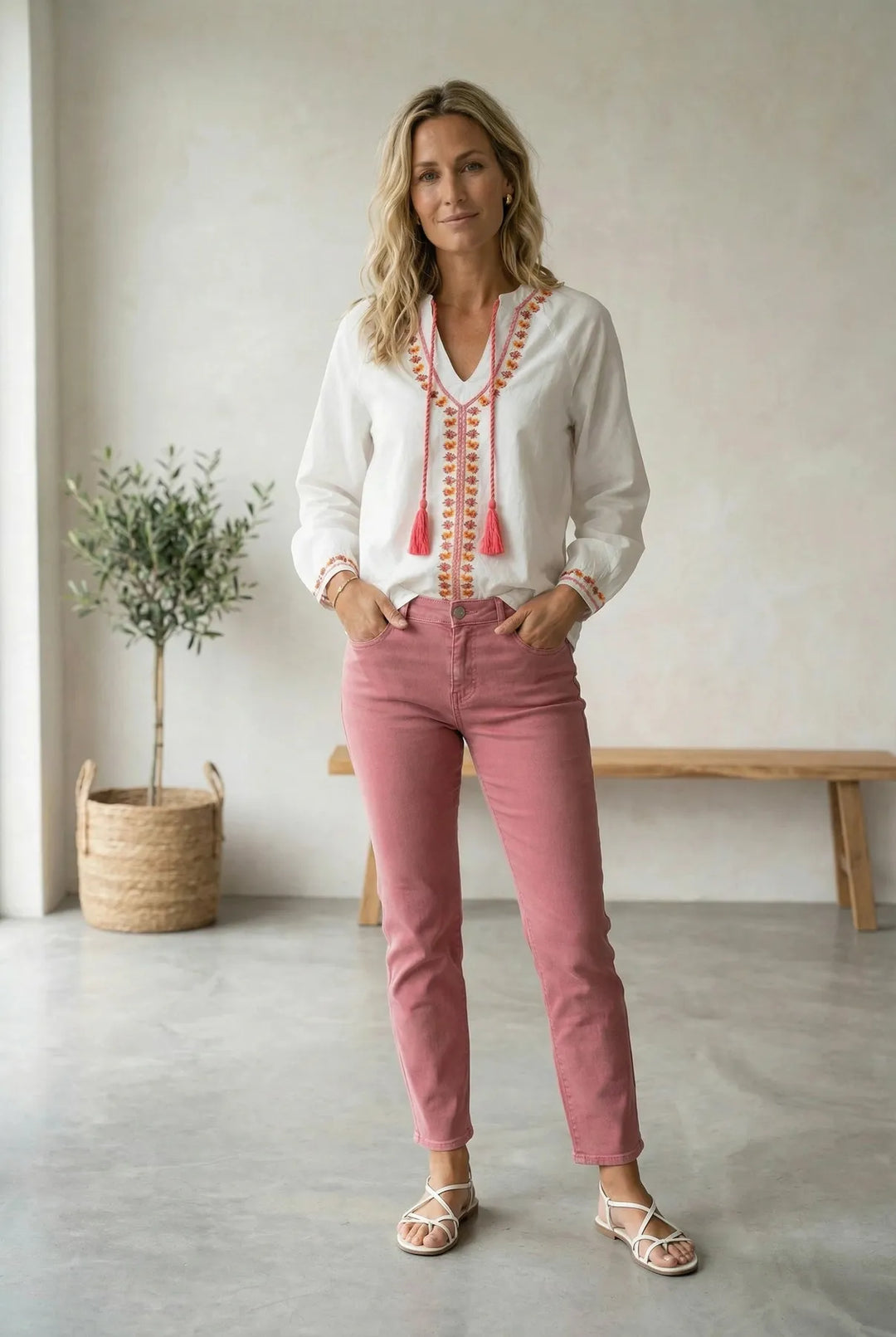 White Embroidered Kaftan Tassle Top