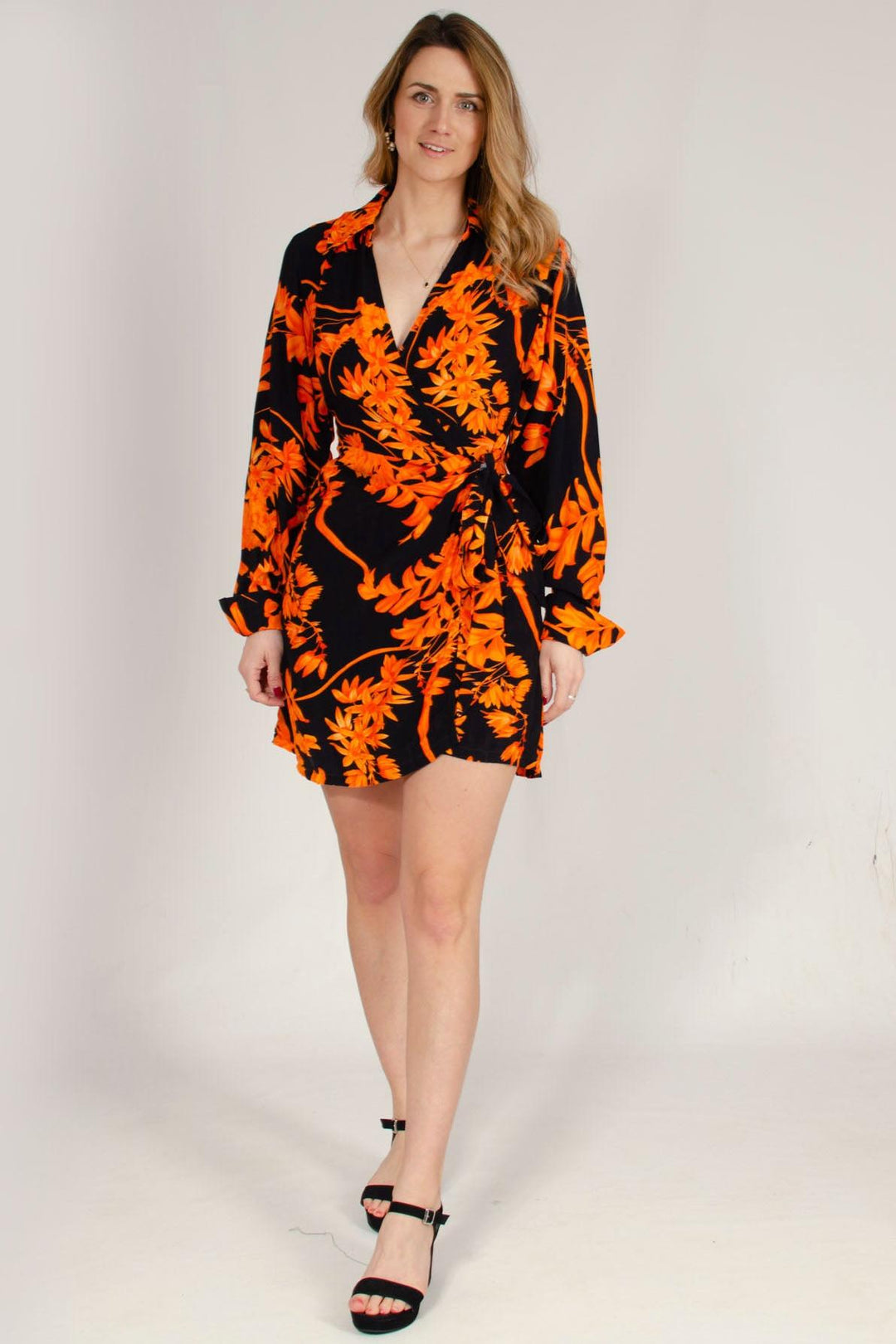 Orange Black Floral Short Wrap Dress Secret Label Orange Black Floral Short Wrap Dress Secret Label