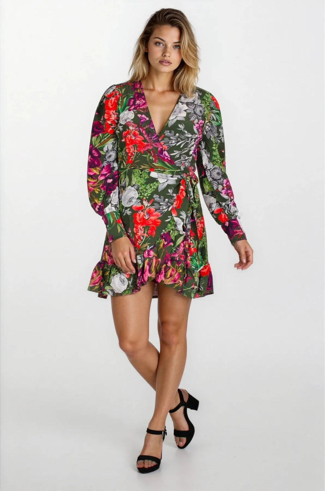 Black Mix Garden Floral Wrap Dress