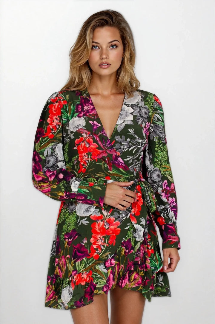 Black Mix Garden Floral Wrap Dress