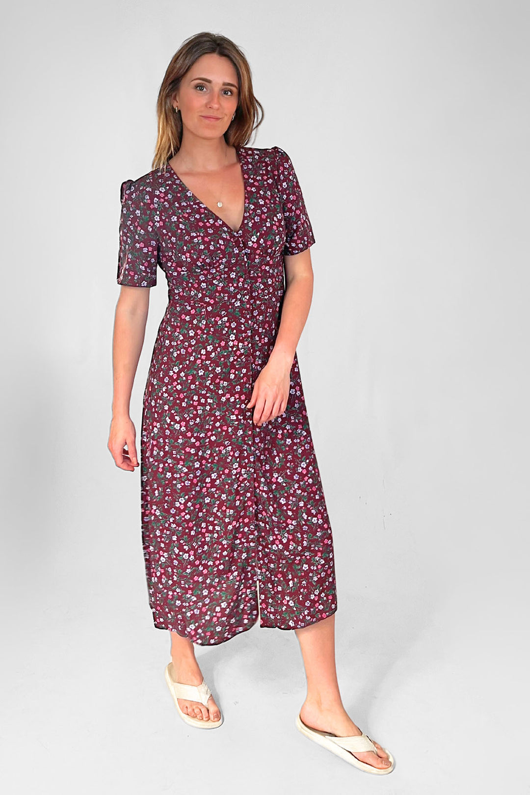 Burgundy Ditsy Floral Midi Dress