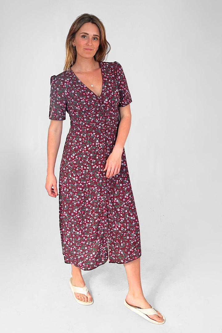 Burgundy Ditsy Floral Midi Dress