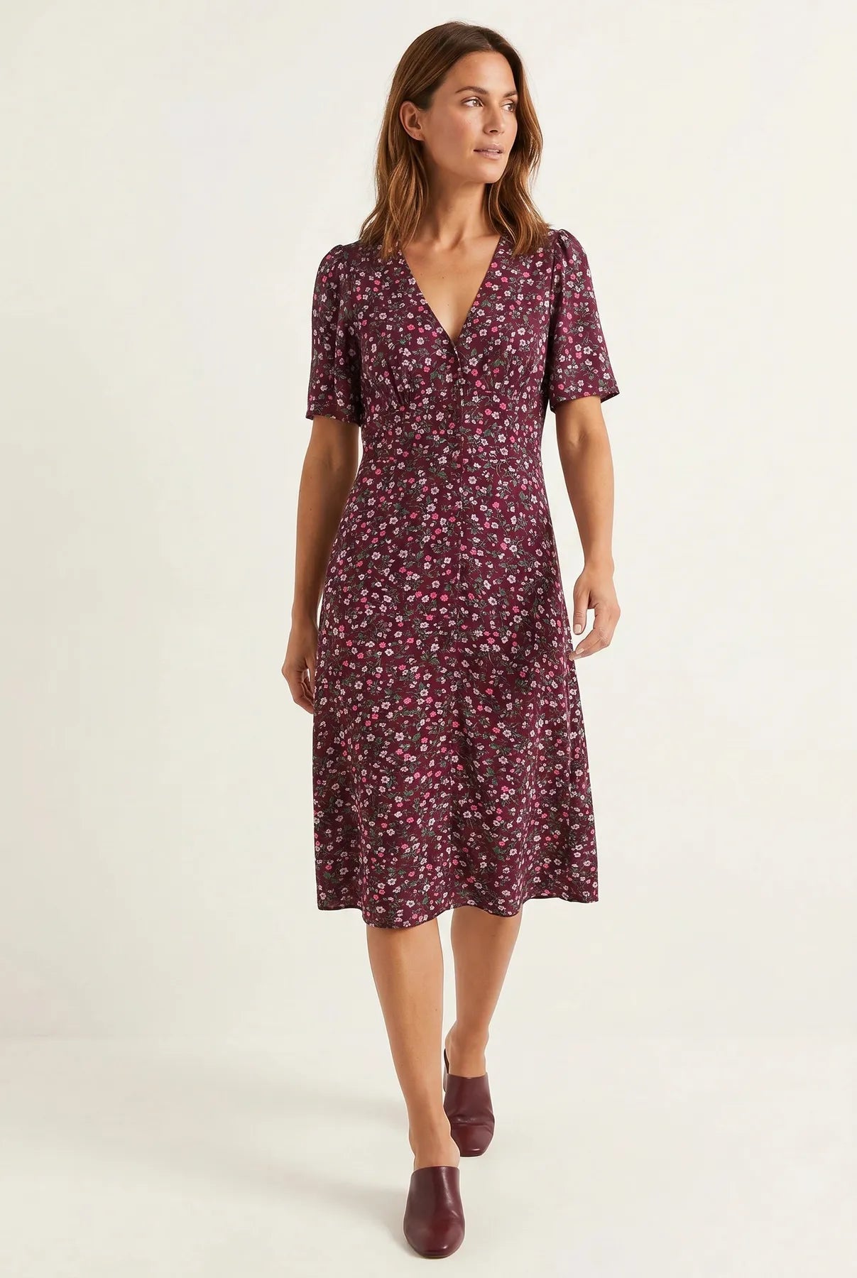 Burgundy Ditsy Floral Midi Dress – Secret Label