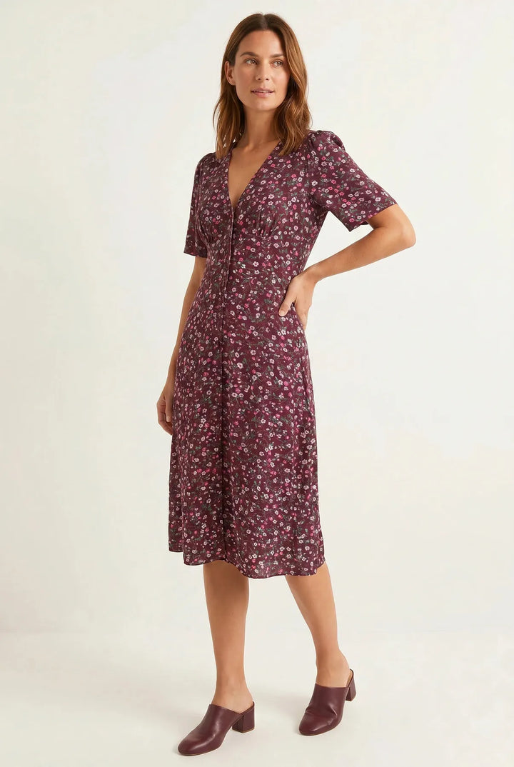 Burgundy Ditsy Floral Midi Dress