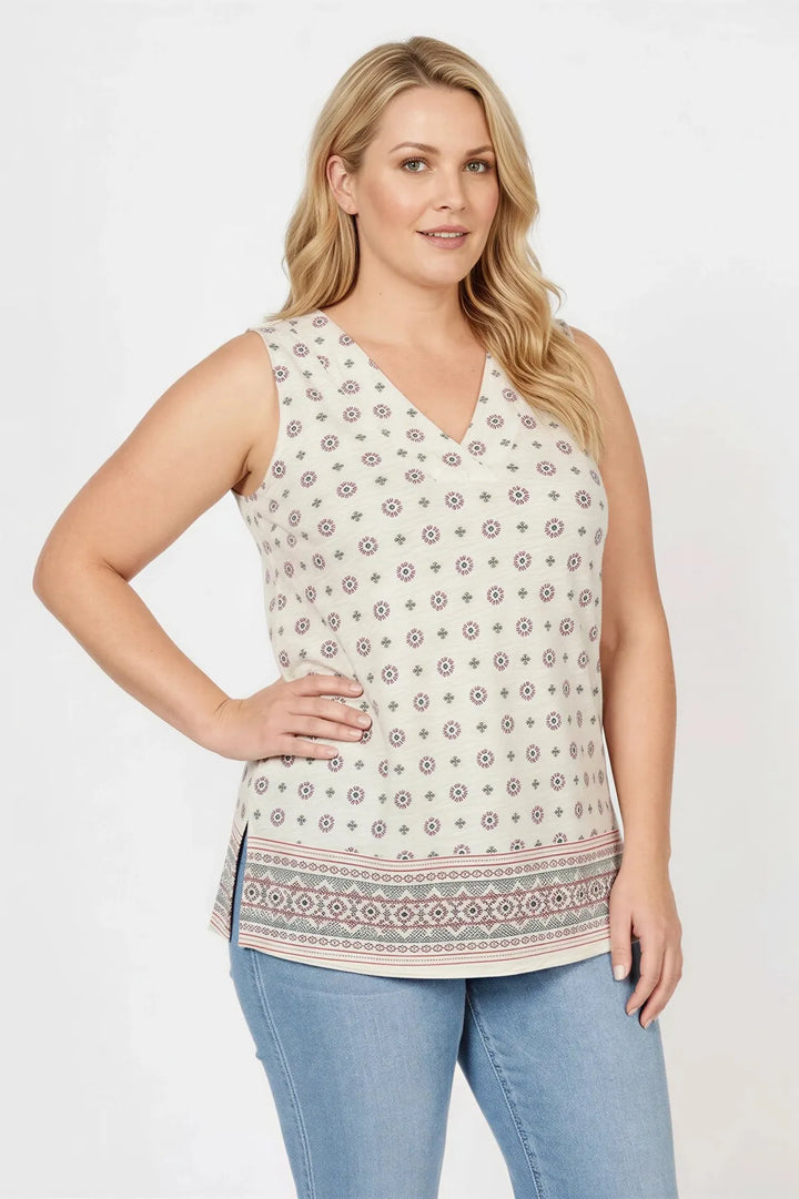 Ivory Sleeveless Border Print Tunic Top