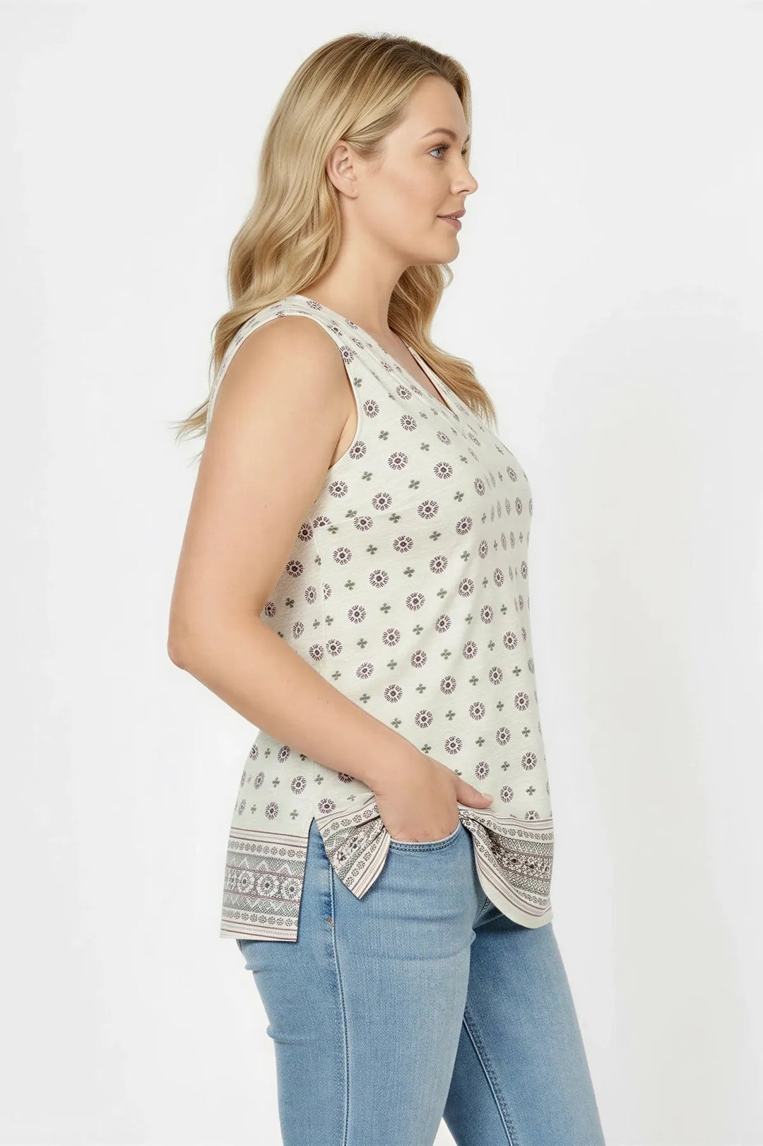 Ivory Sleeveless Border Print Tunic Top