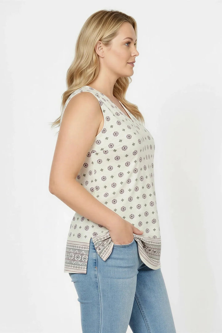 Ivory Sleeveless Border Print Tunic Top
