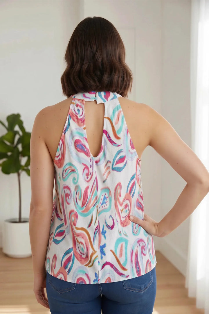 White Pink Mix Paisley Plisse Halterneck Top