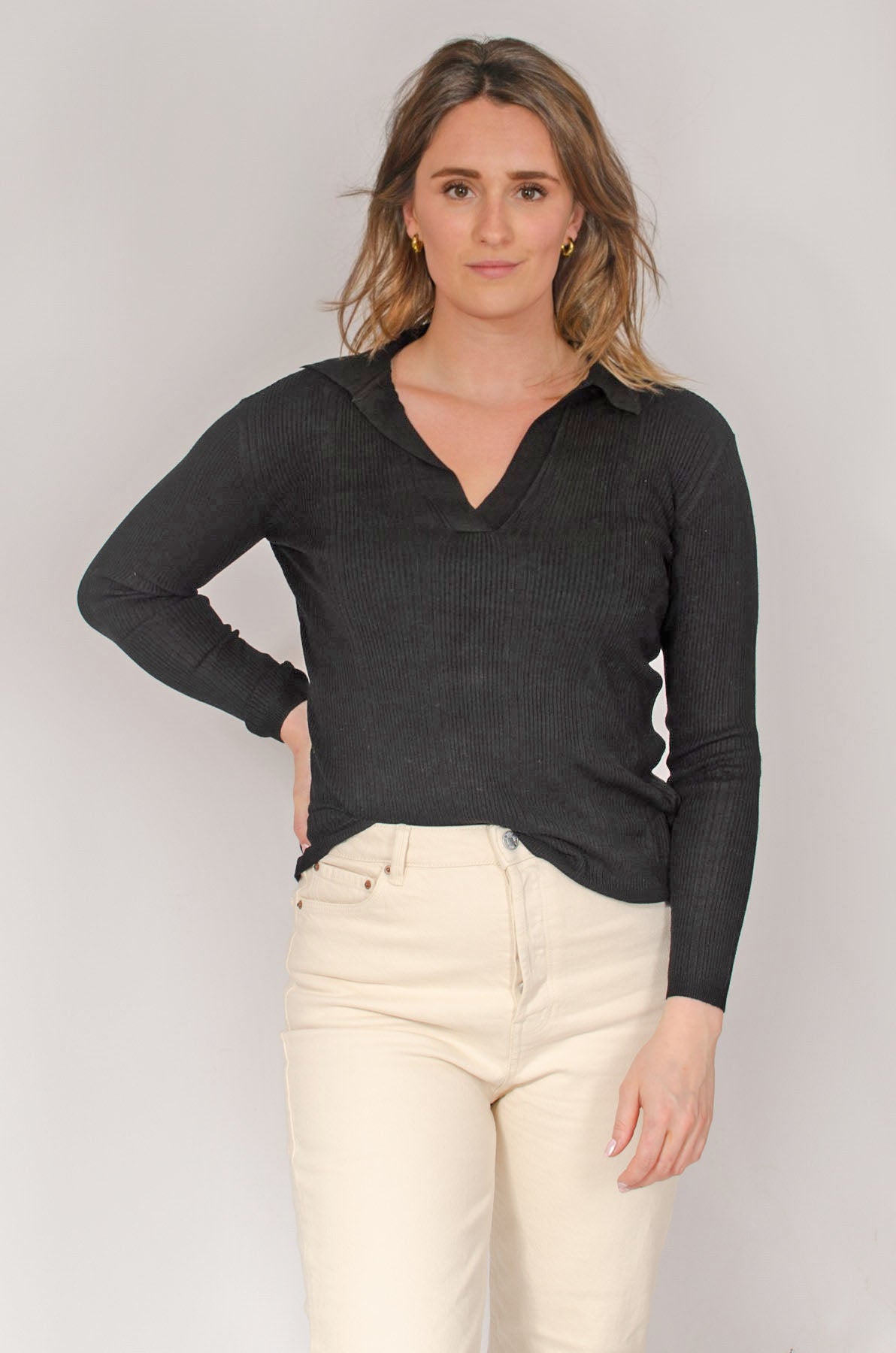 Ribbed Collared Long Sleeve Top