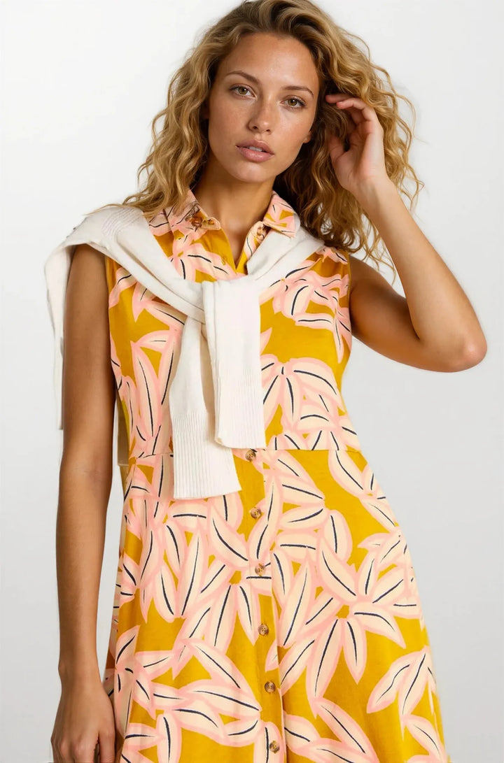Ochre Floral Sleeveless Midi Shirt Dress-Secret Label