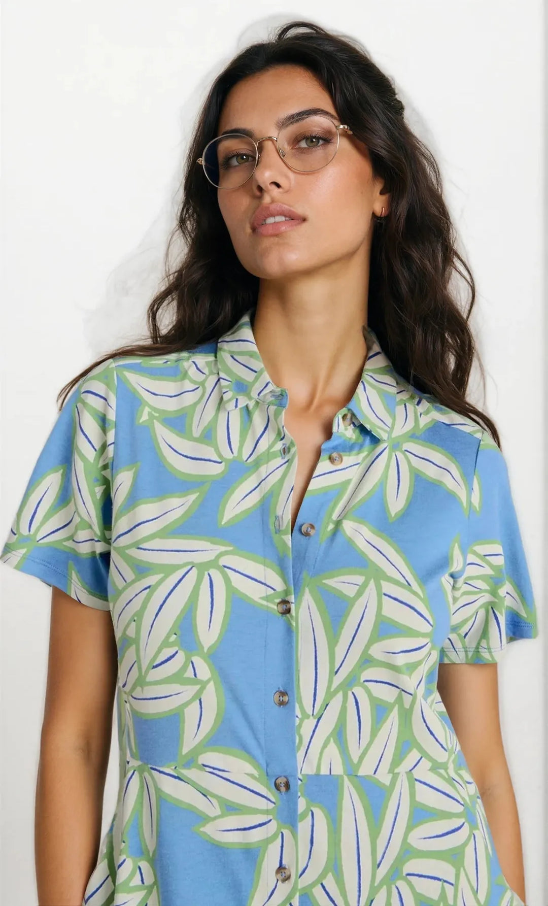 Blue Floral Short Sleeve Midi Shirt Dress-Secret Label