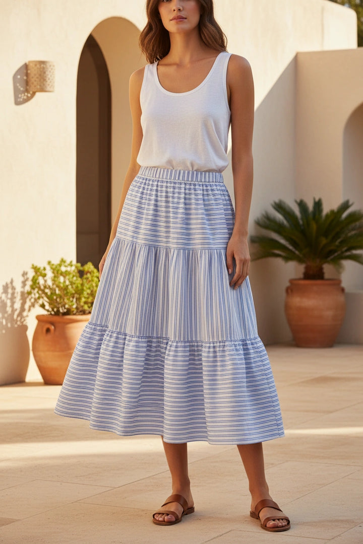 Blue Stripe Tiered Midi Skirt