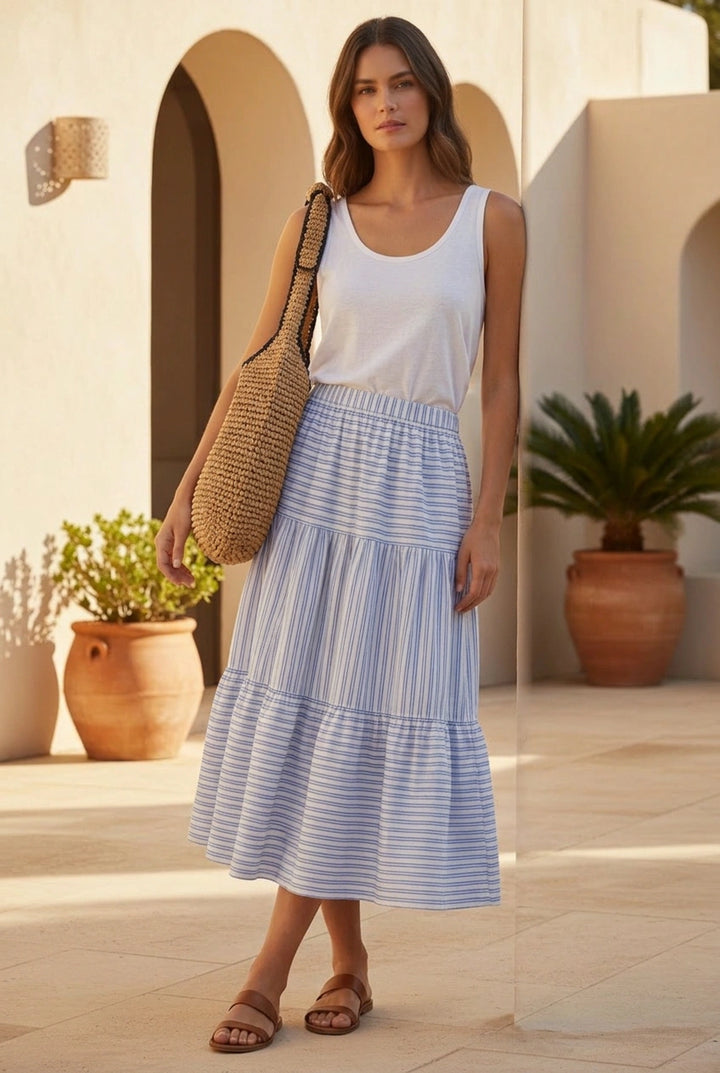 Blue Stripe Tiered Midi Skirt
