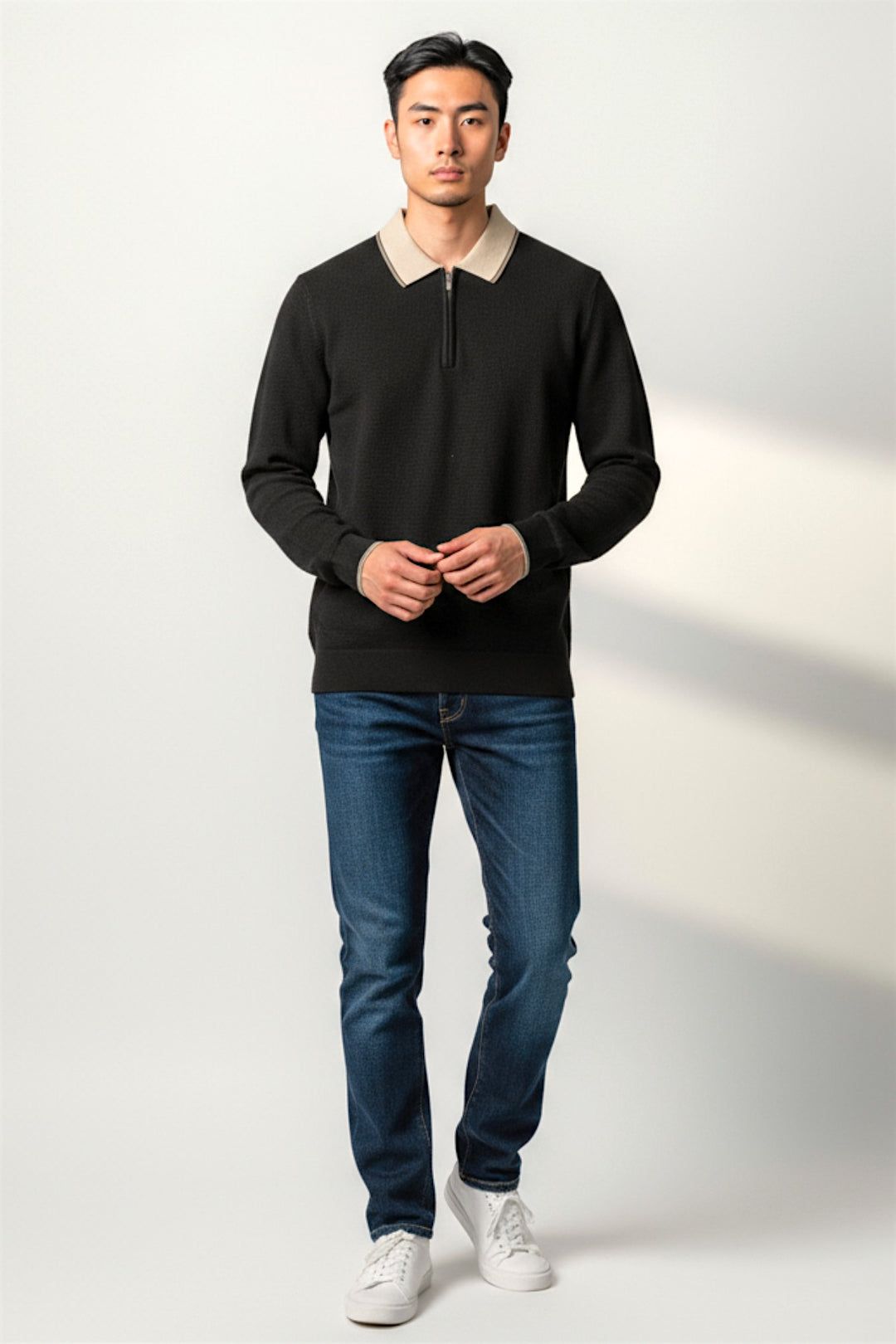 Contrast Collar Knitted Long Sleeve Top