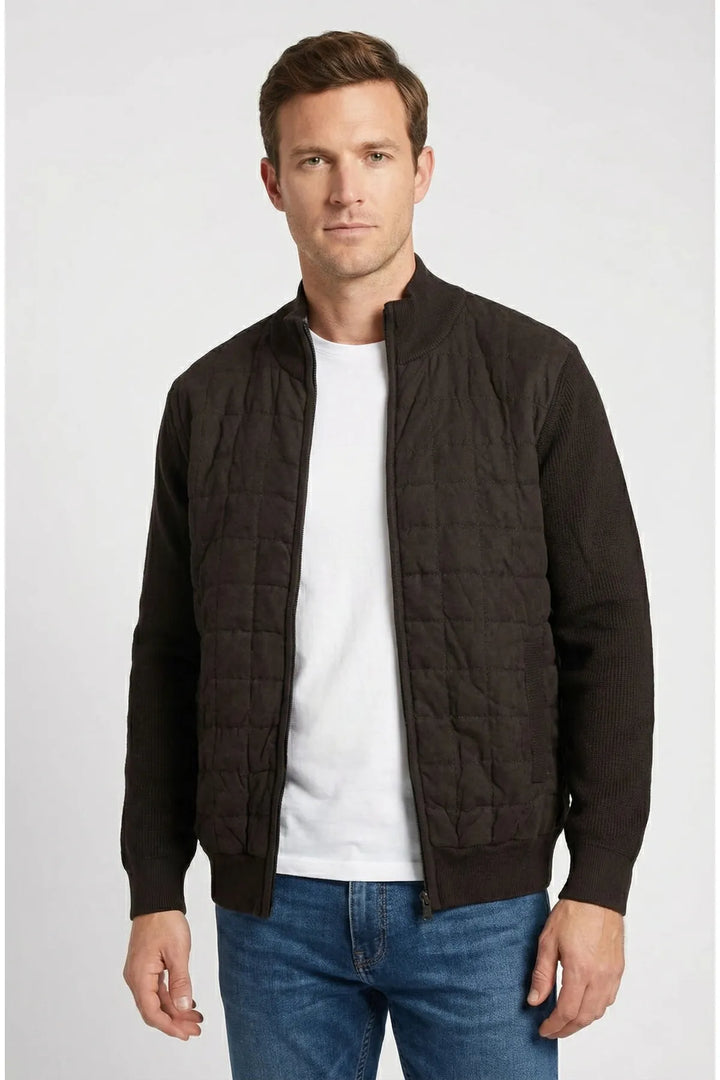 Black Quilt Front Chunky Knit Bomber Jacket