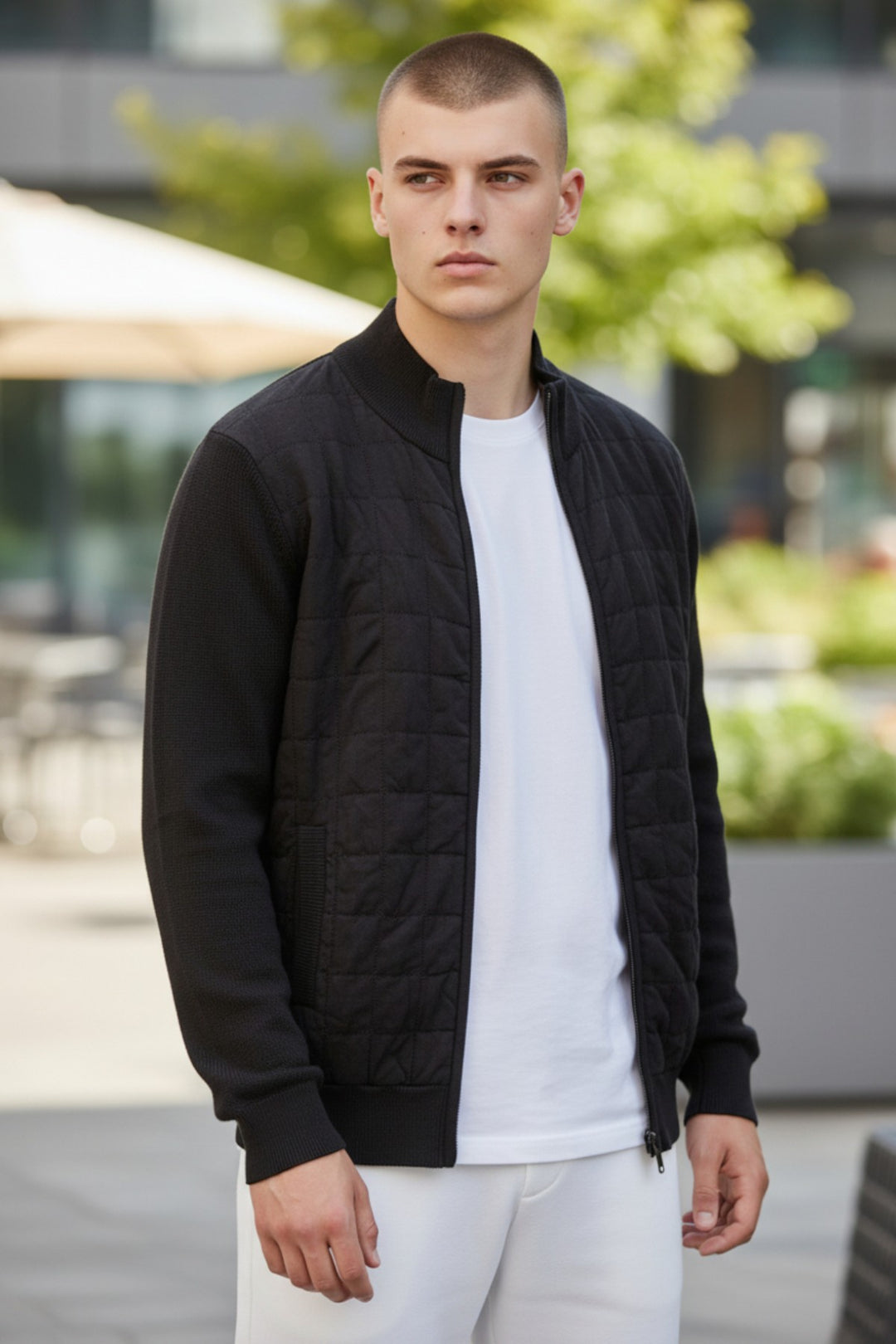 Black Quilt Front Chunky Knit Bomber Jacket