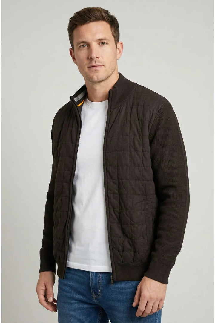 Black Quilt Front Chunky Knit Bomber Jacket