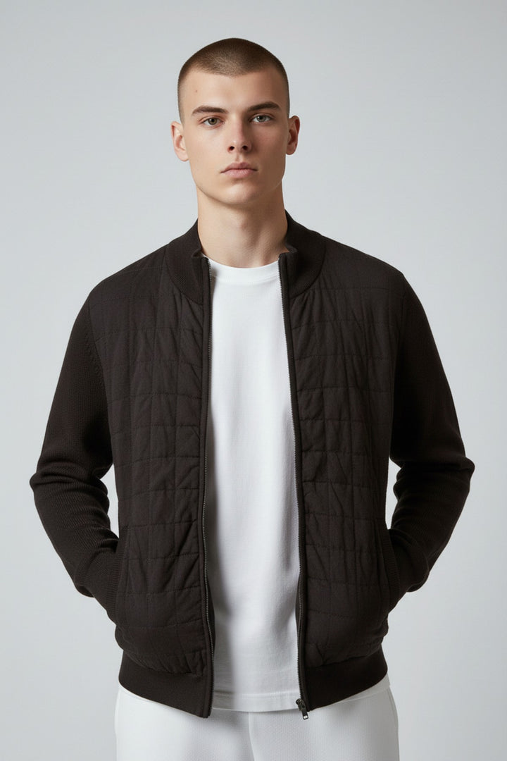 Black Quilt Front Chunky Knit Bomber Jacket