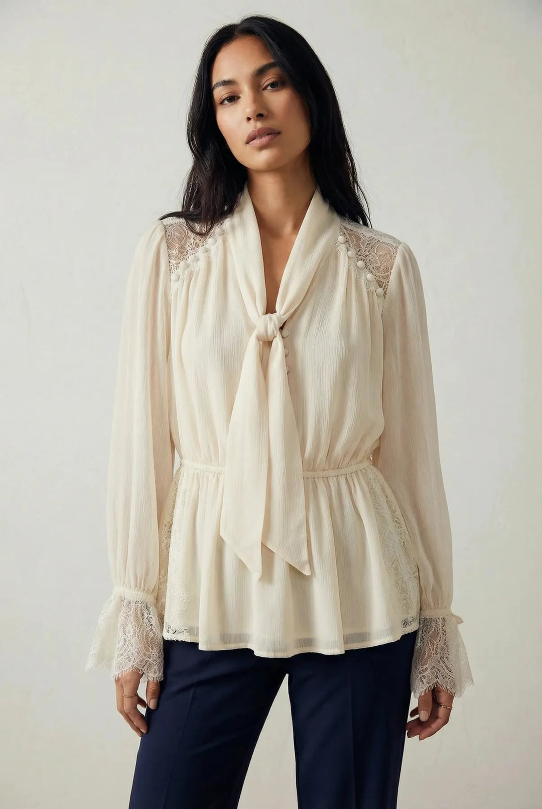 Cream Tie Neck Blouse