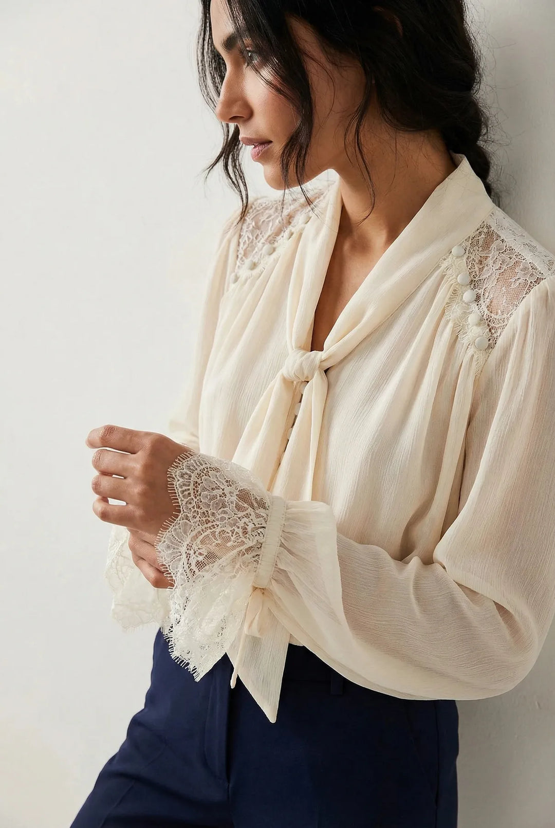 Cream Tie Neck Blouse