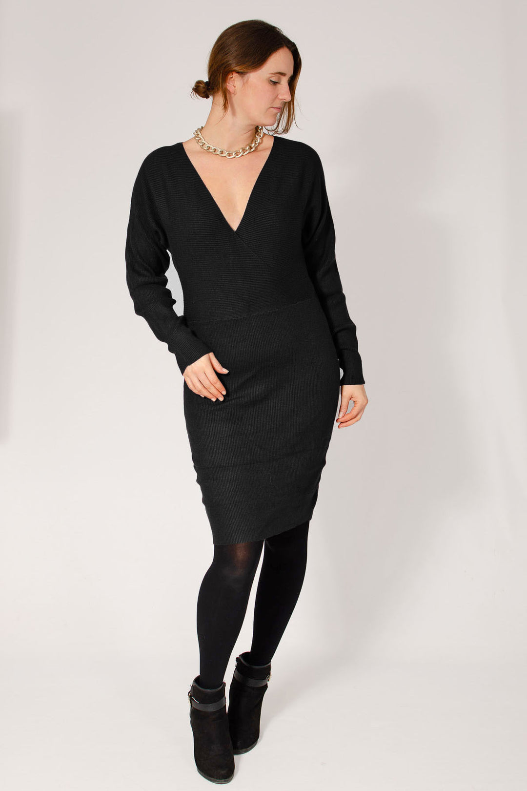 V Neck Ribbed Jumper Dress