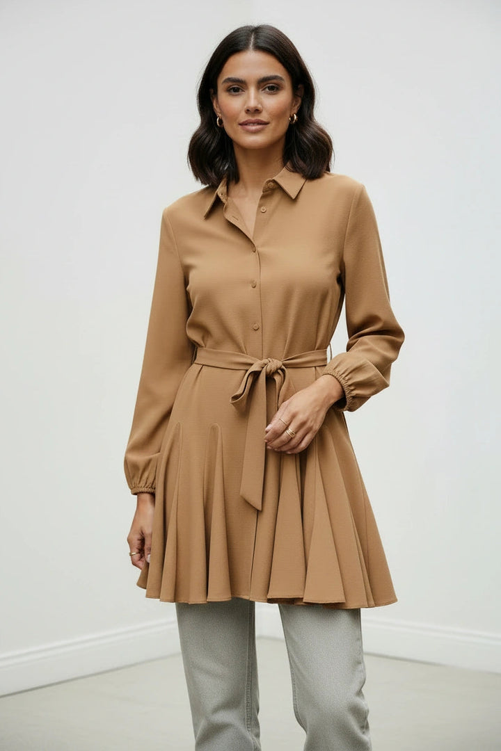 Beige Peplum Flare Longline Blouse