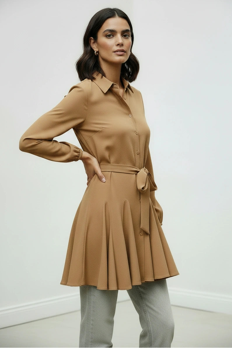 Beige Peplum Flare Longline Blouse