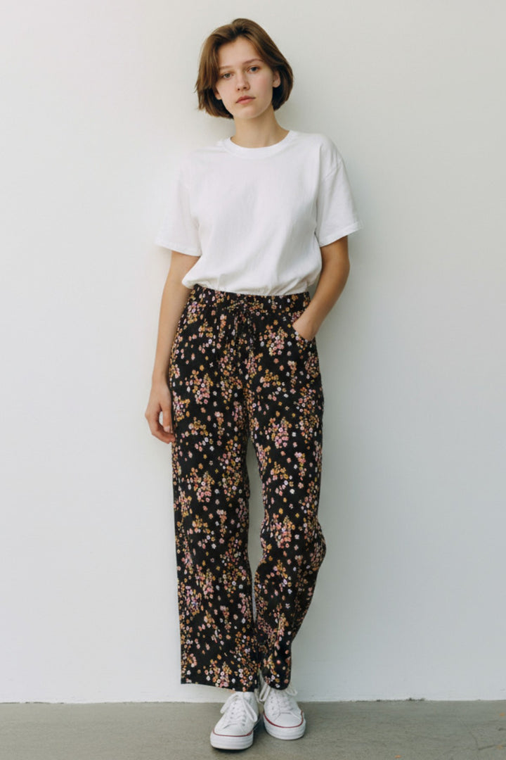 Black Floral Wide Leg Trousers