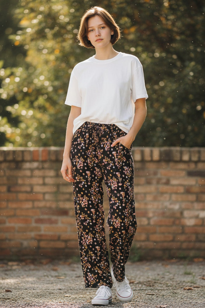 Black Floral Wide Leg Trousers