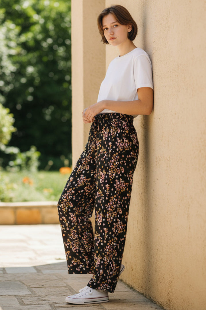 Black Floral Wide Leg Trousers
