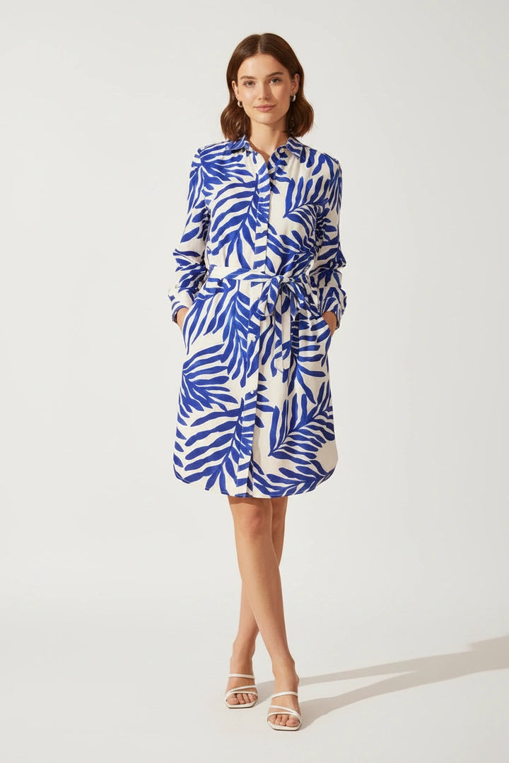 Blue Leaf Print Shirt Dress