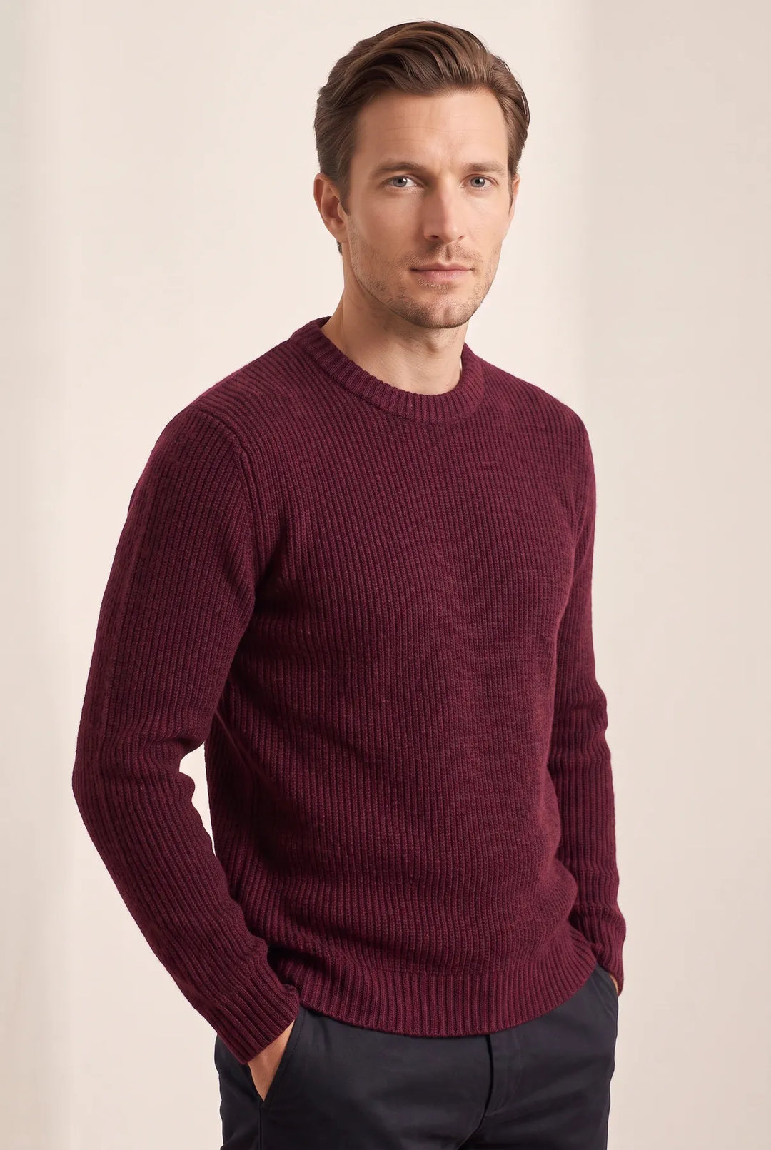 Lambswool chunky rib knit crew neck jumper