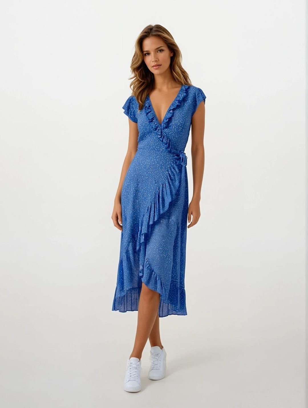 Blue Polka Dot Summer Frill Wrap Dress Secret Label Blue Polka Dot Summer Frill Wrap Dress Secret Label