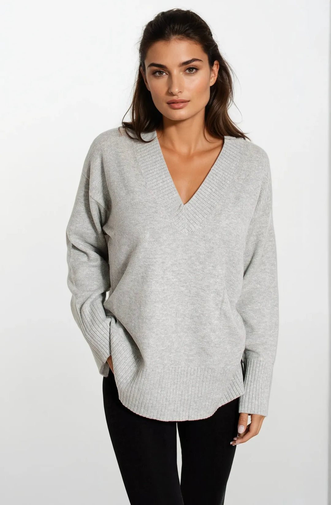 Deep V-neck Jumper Side Split Hem