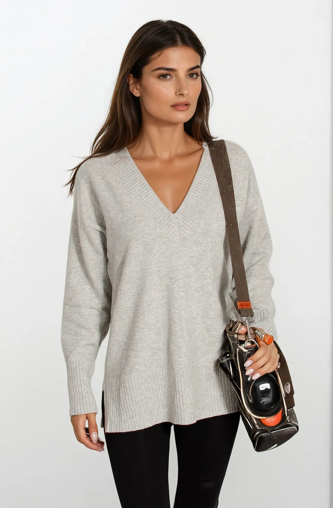 Deep V-neck Jumper Side Split Hem