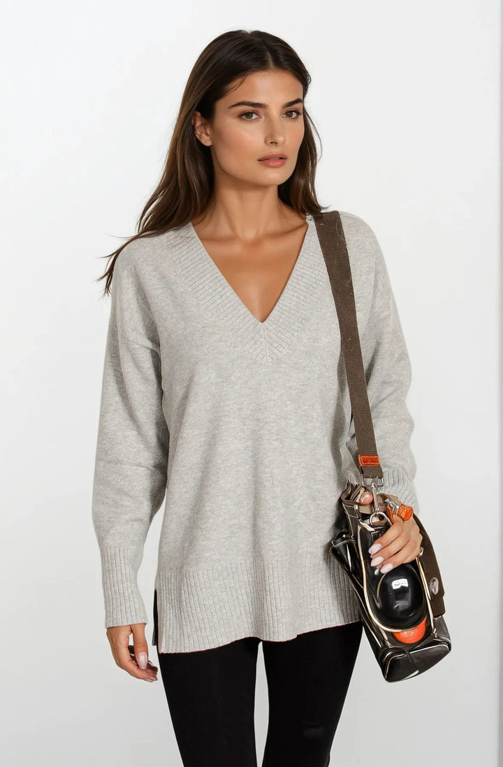 Deep V-neck Jumper Side Split Hem