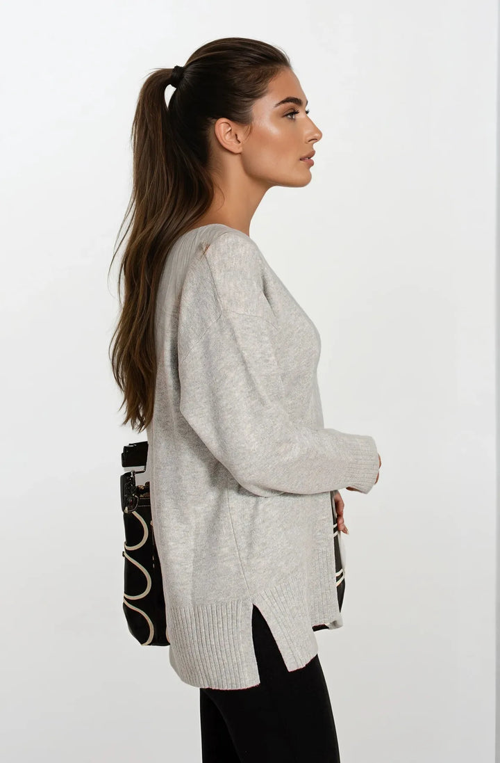 Deep V-neck Jumper Side Split Hem