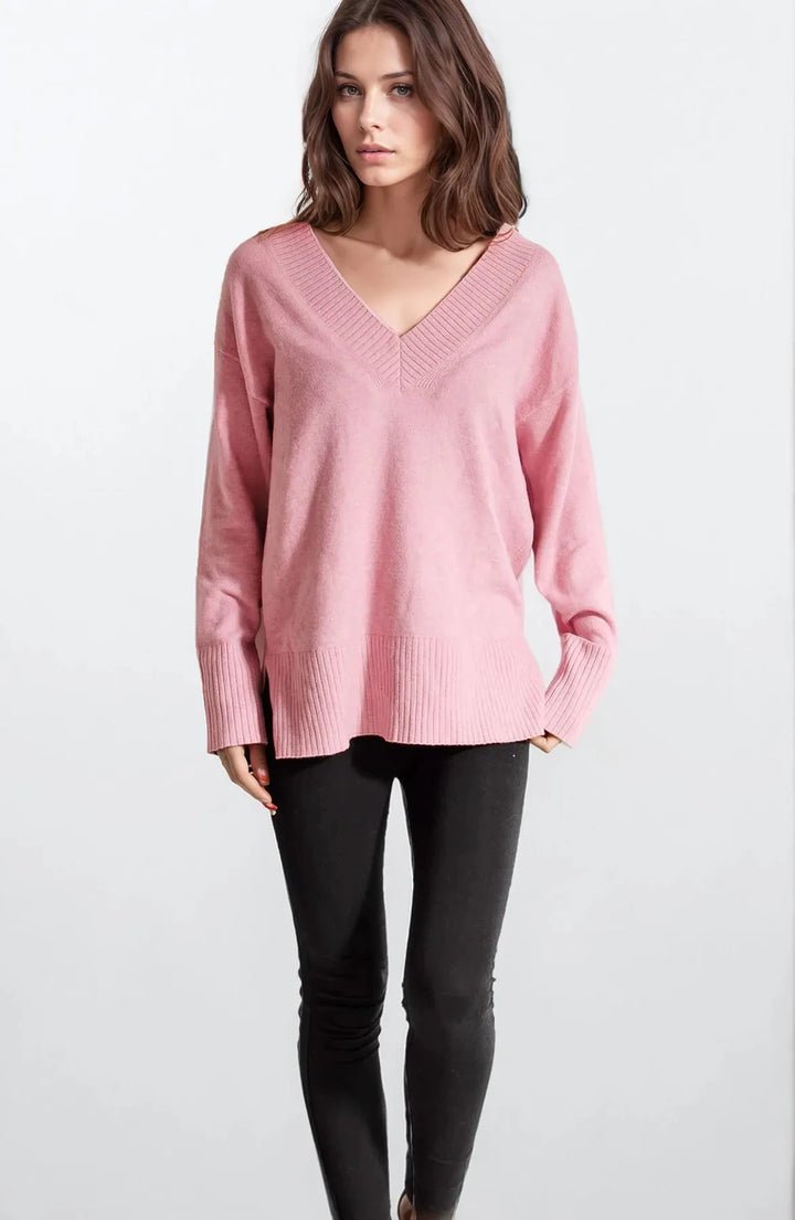 Deep V-neck Jumper Side Split Hem