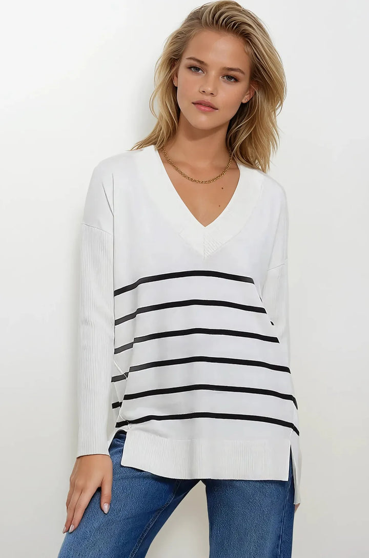 V-Neck Stripe Longline Jumper