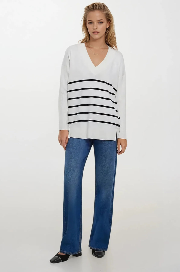 V-Neck Stripe Longline Jumper
