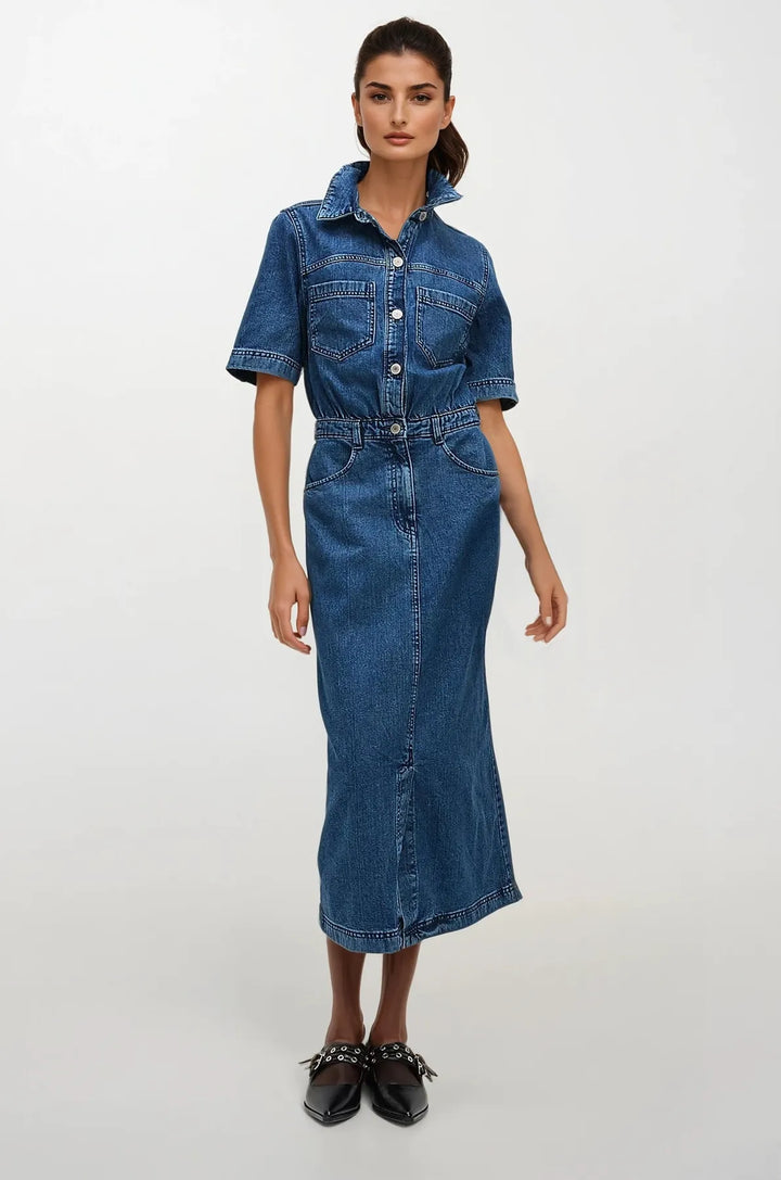 Denim Short Sleeve Midi Utility Dress
