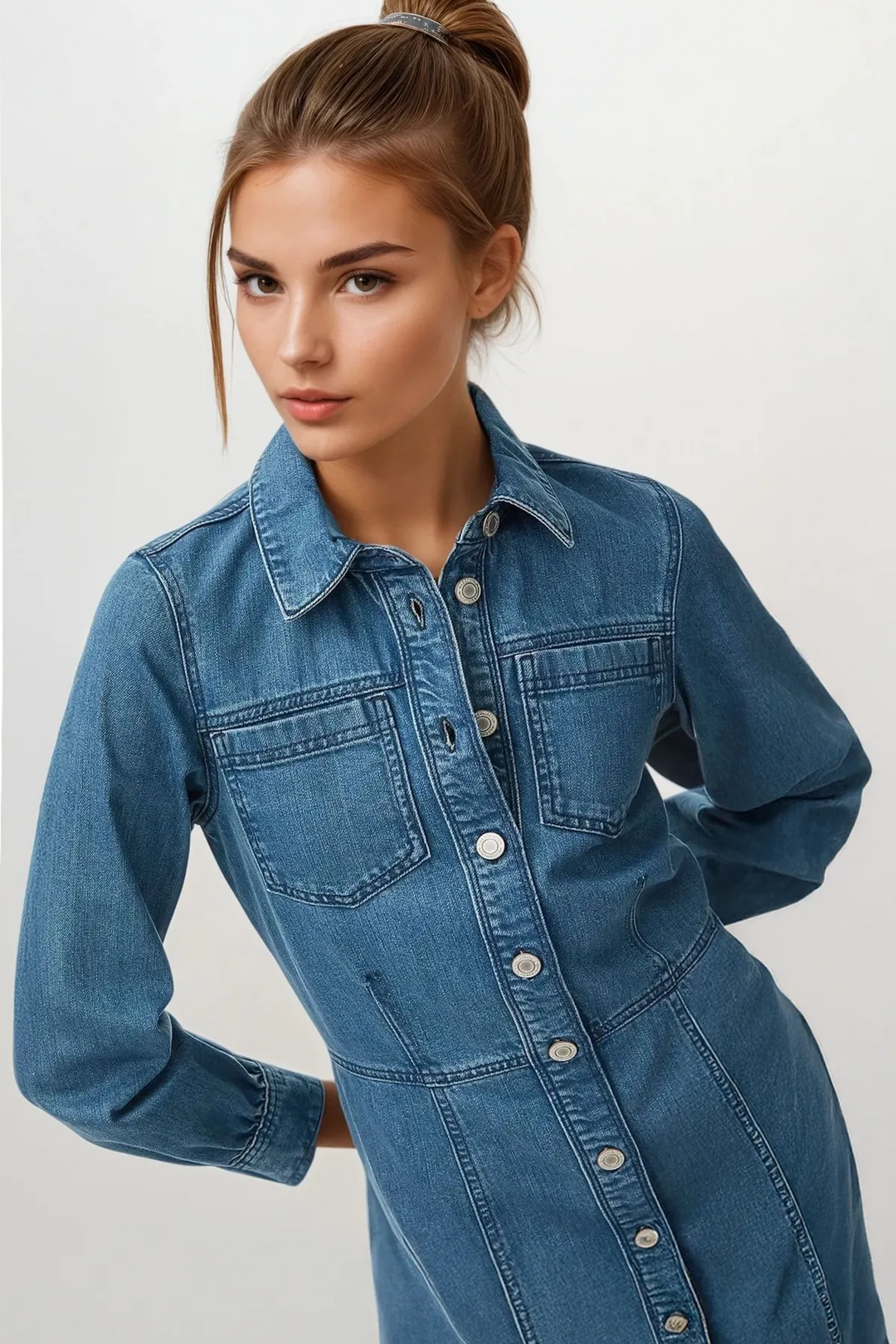 Denim Mini Shirt Dress Long Sleeve