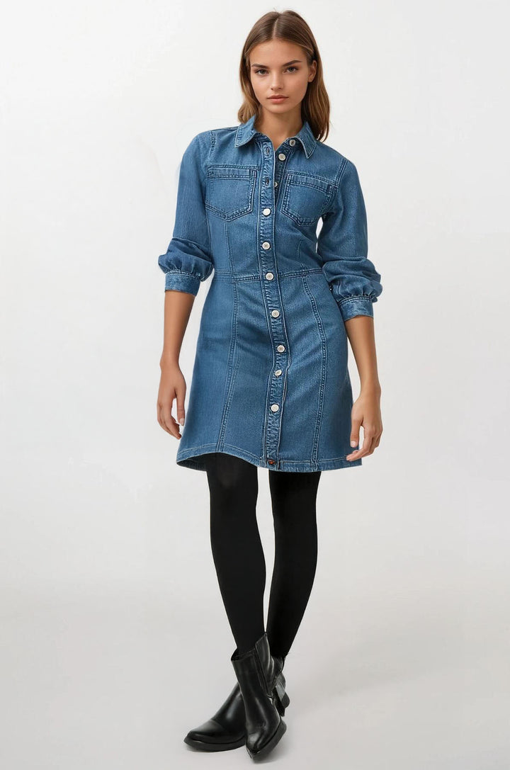 Denim Mini Shirt Dress Long Sleeve