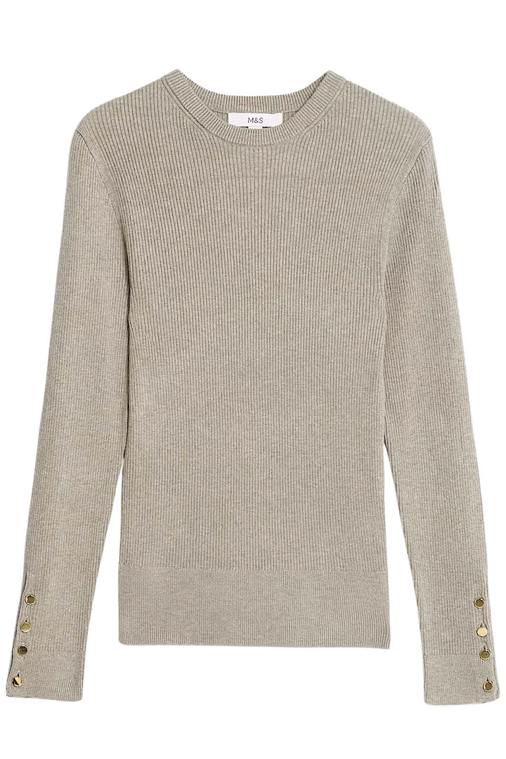Ribbed Button Detail Crew Neck Jumper