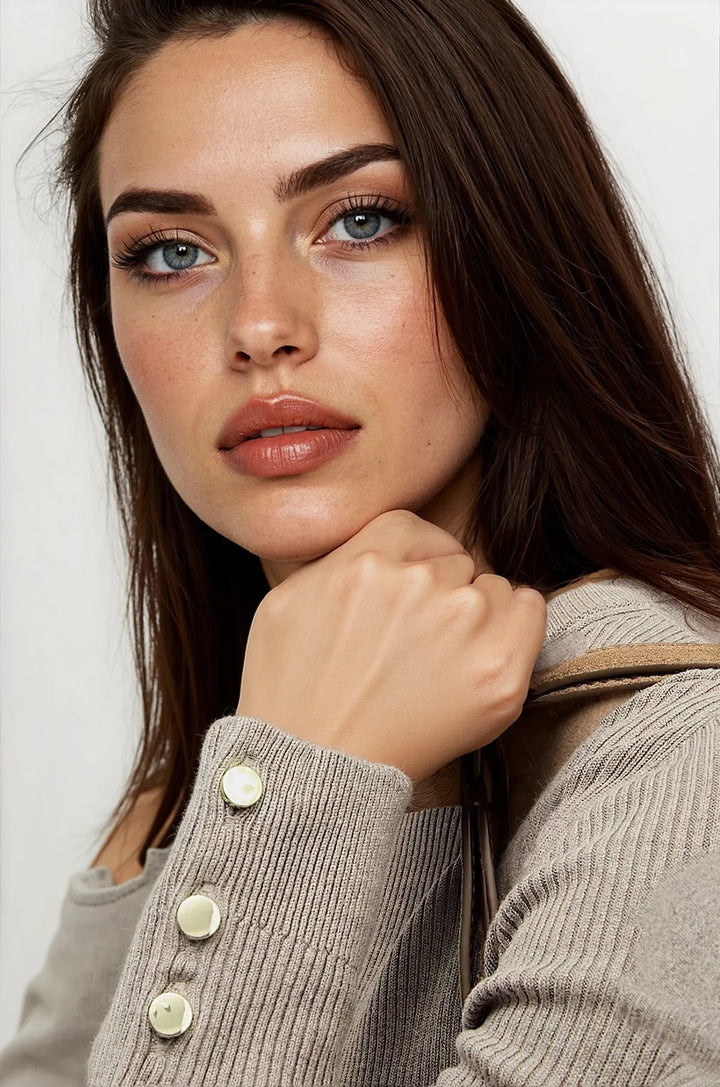 Ribbed Button Detail Crew Neck Jumper