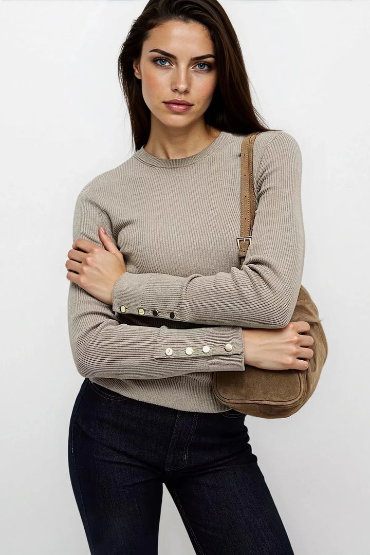 Ribbed Button Detail Crew Neck Jumper