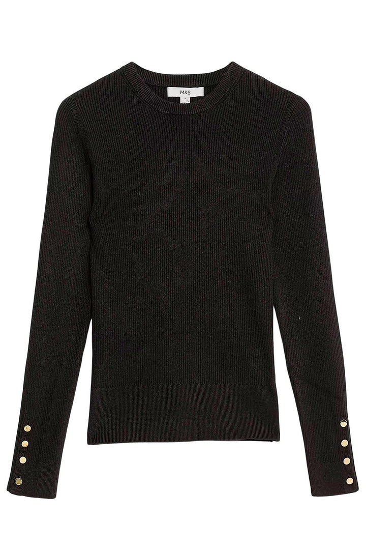 Ribbed Button Detail Crew Neck Jumper