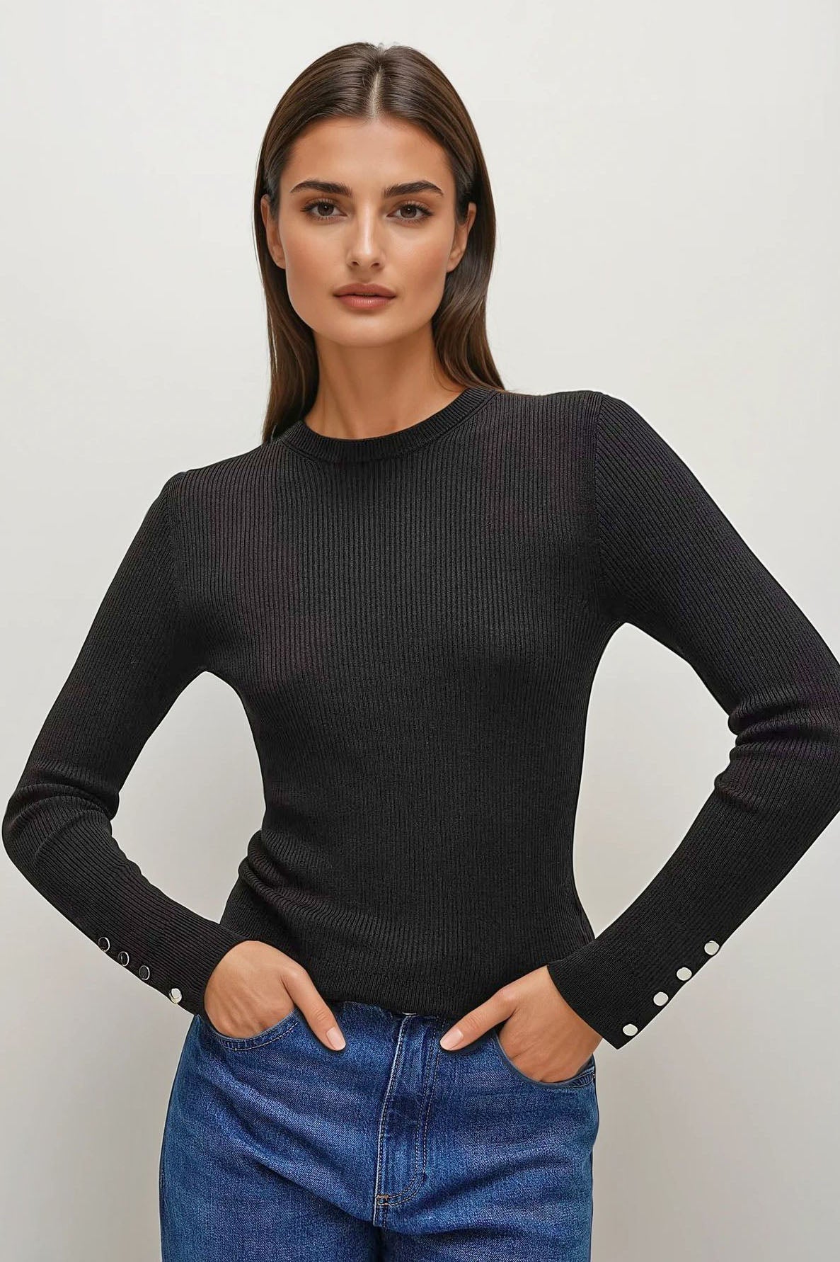 Ribbed Button Detail Crew Neck Jumper – Secret Label