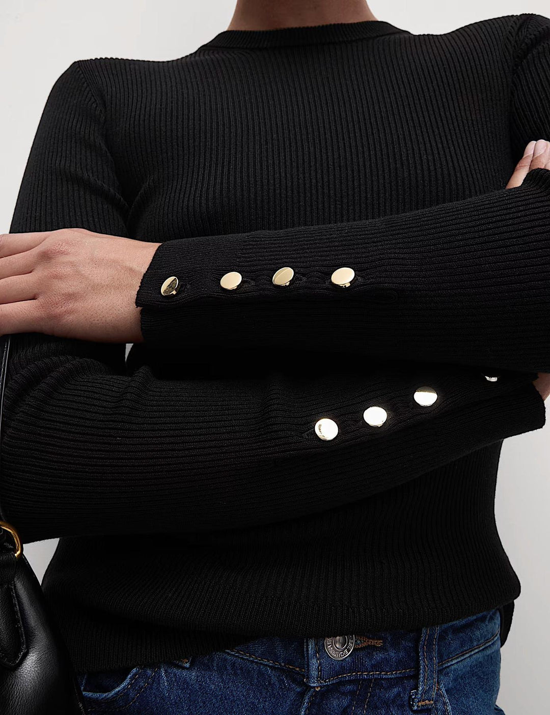 Ribbed Button Detail Crew Neck Jumper